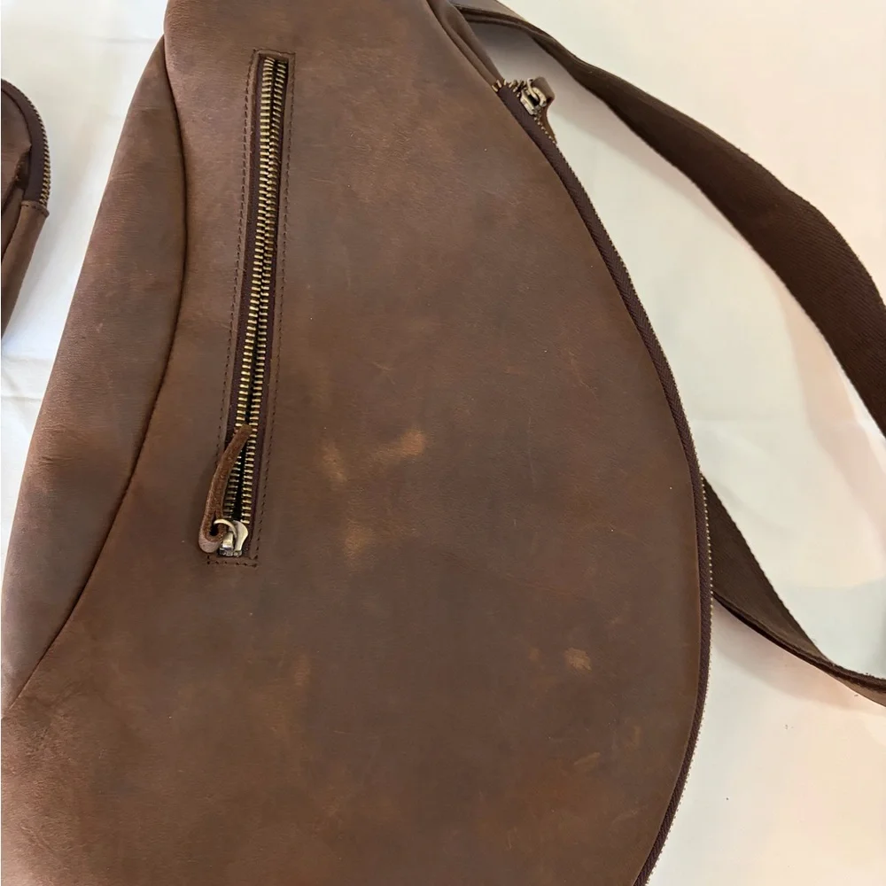Vintage Distressed Leather Sling Backpack Crossbody Chest Bag Travel EDC Brown